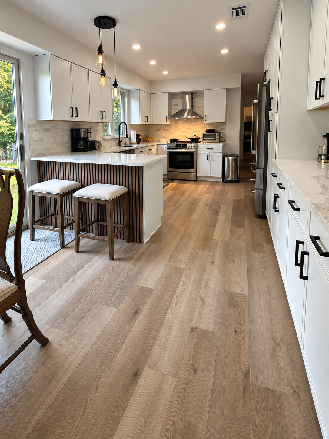Kitchen with wide plank LVP flooring